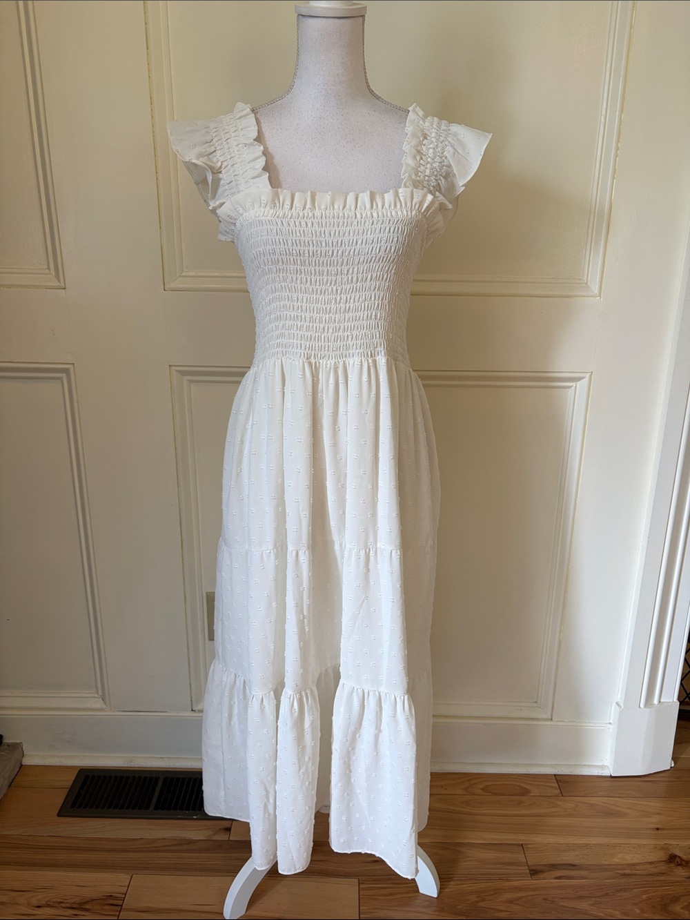 London Times Ivory Smocked Ruffle Tiered Maxi Dress